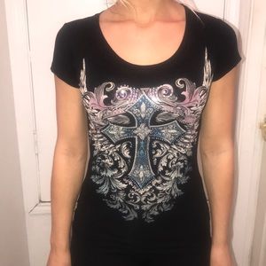 Black shirt with a diamond cross on it